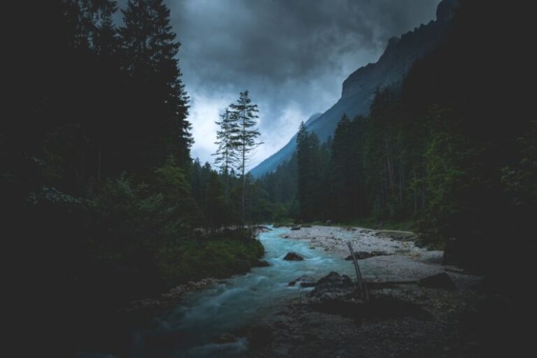 Medium-Dark - flowing river between tall trees